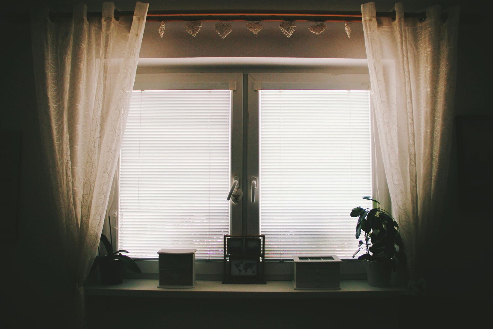A home interior featuring a window with curtains, blinds, and potted plants.