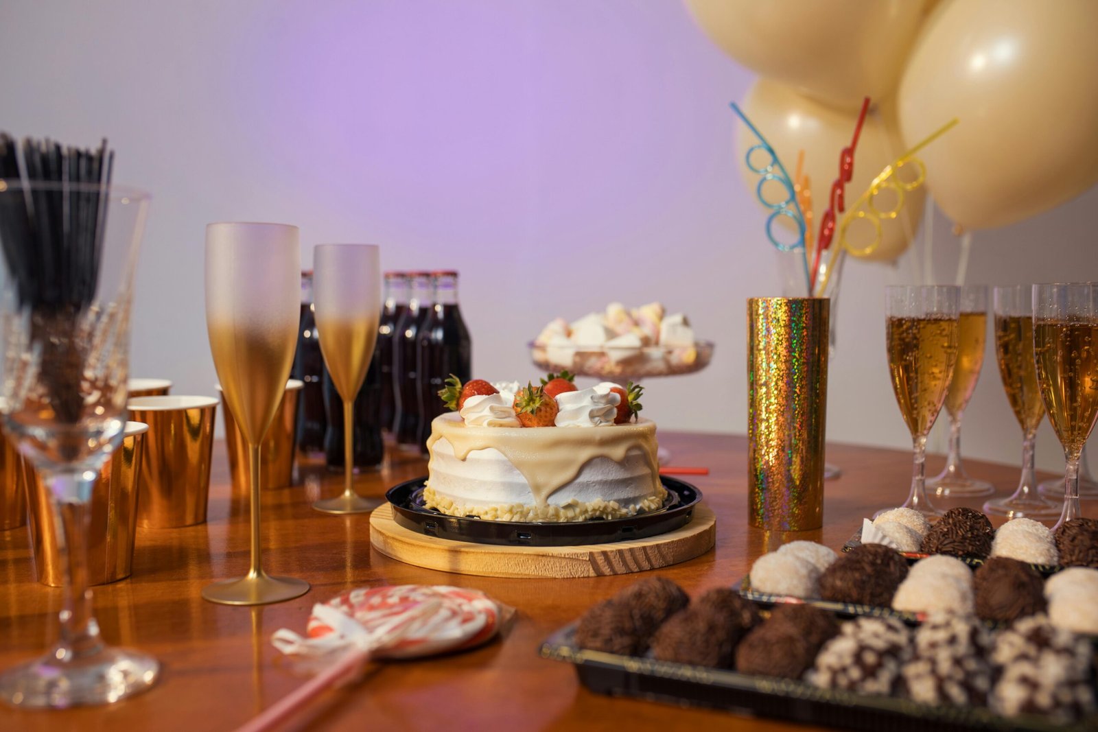 Festive Brazilian celebration setup with cake, drinks, and decorations.