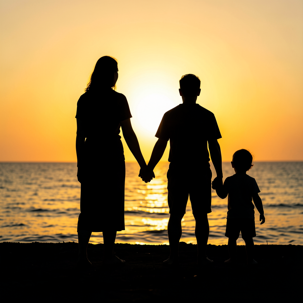 familia na praia, pai, mae e filho, , imagem diante do por do sol.