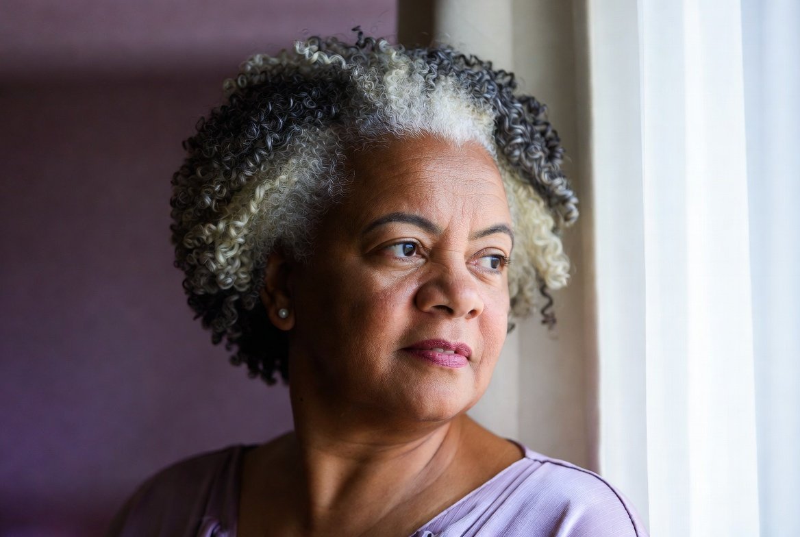 Mulher Negra madura de blusa lilás em escritório.