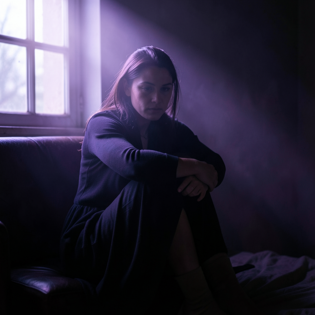 mulher sentada proxima a janela sob uma luz lilas, olhando para o chao e pensativa.
