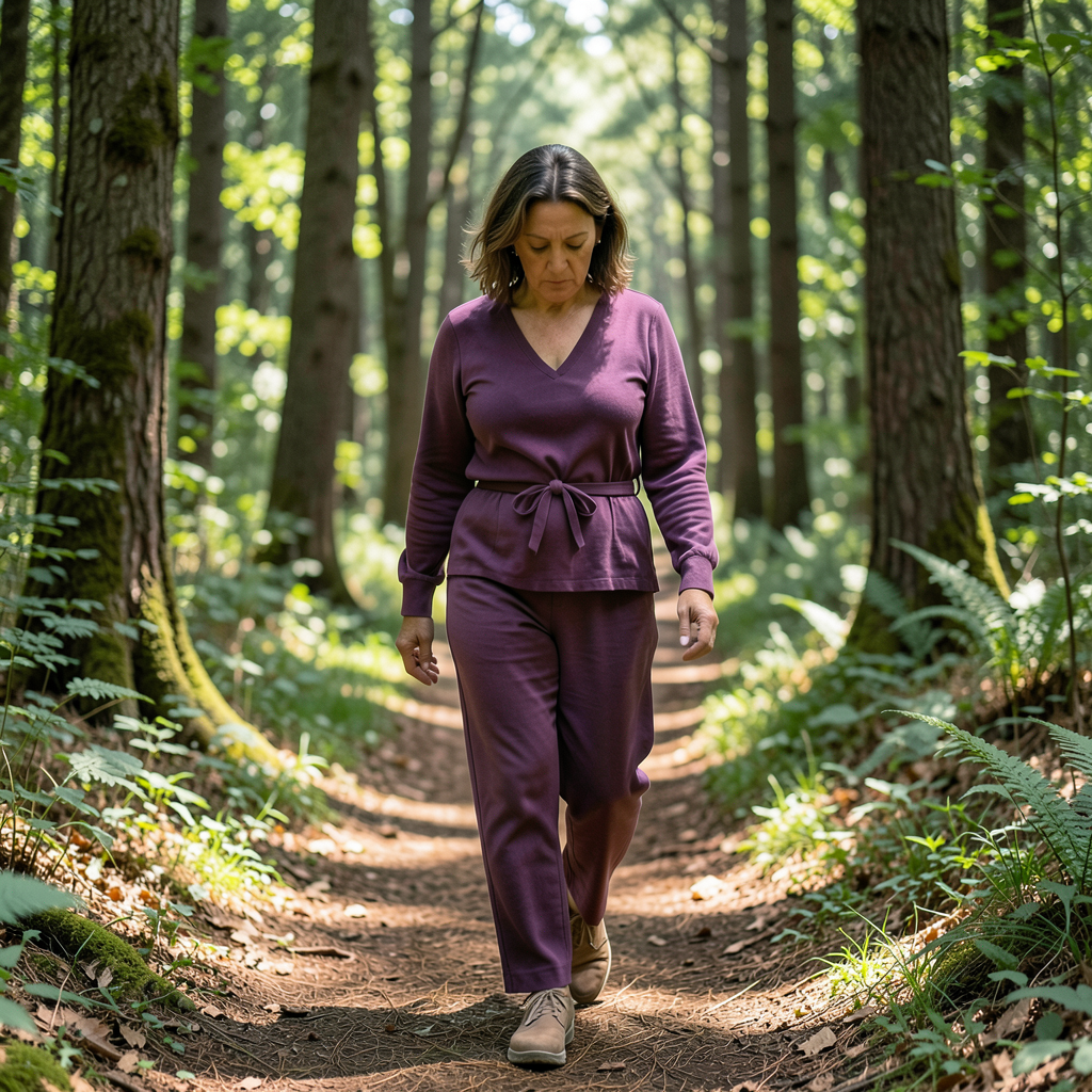 mulher caminhando em frente, vindo com uma floresta em plano de fundo. usando lilás.