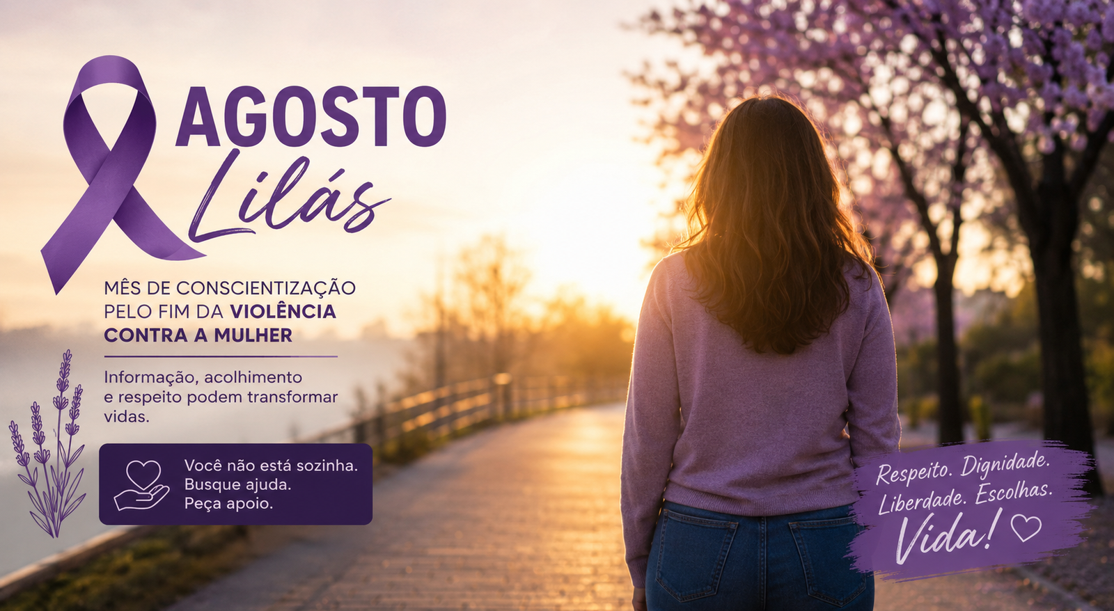 mulher caminhando em direçao ao por do sol, ao seu lado um cartaz falando do agosto lilás.
