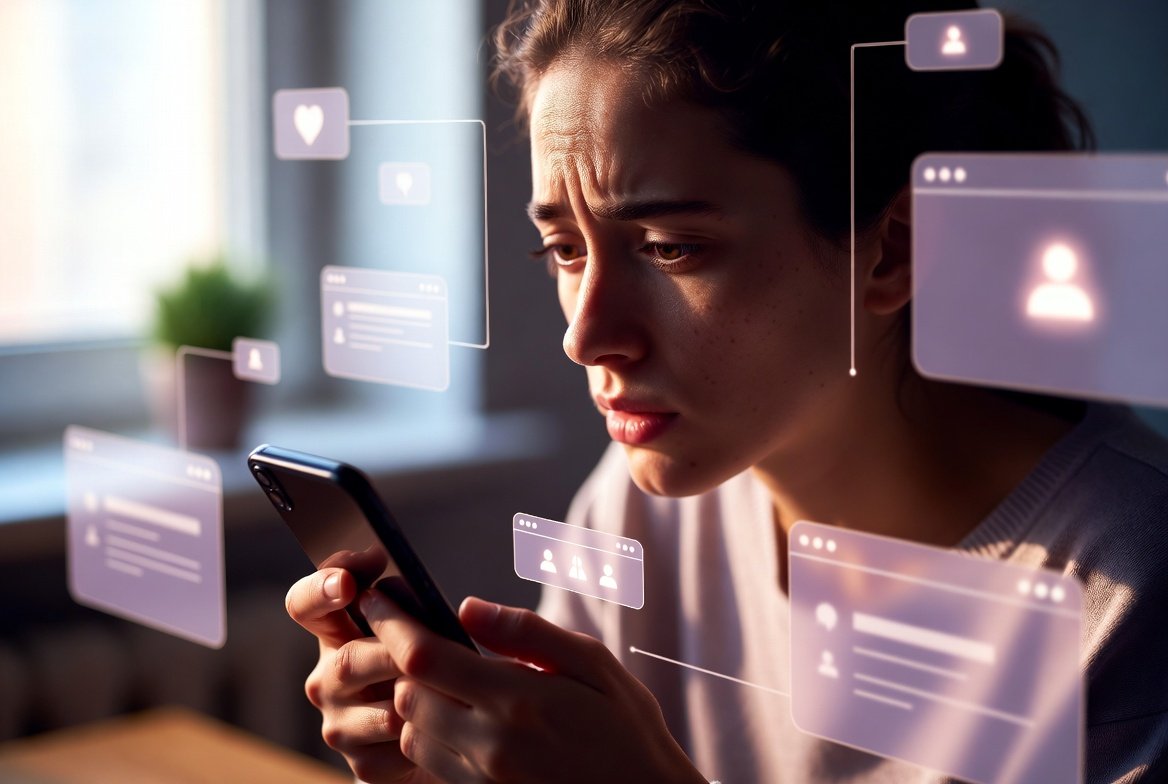 mulher olhando a tela de um celular com expressão de preocupação.