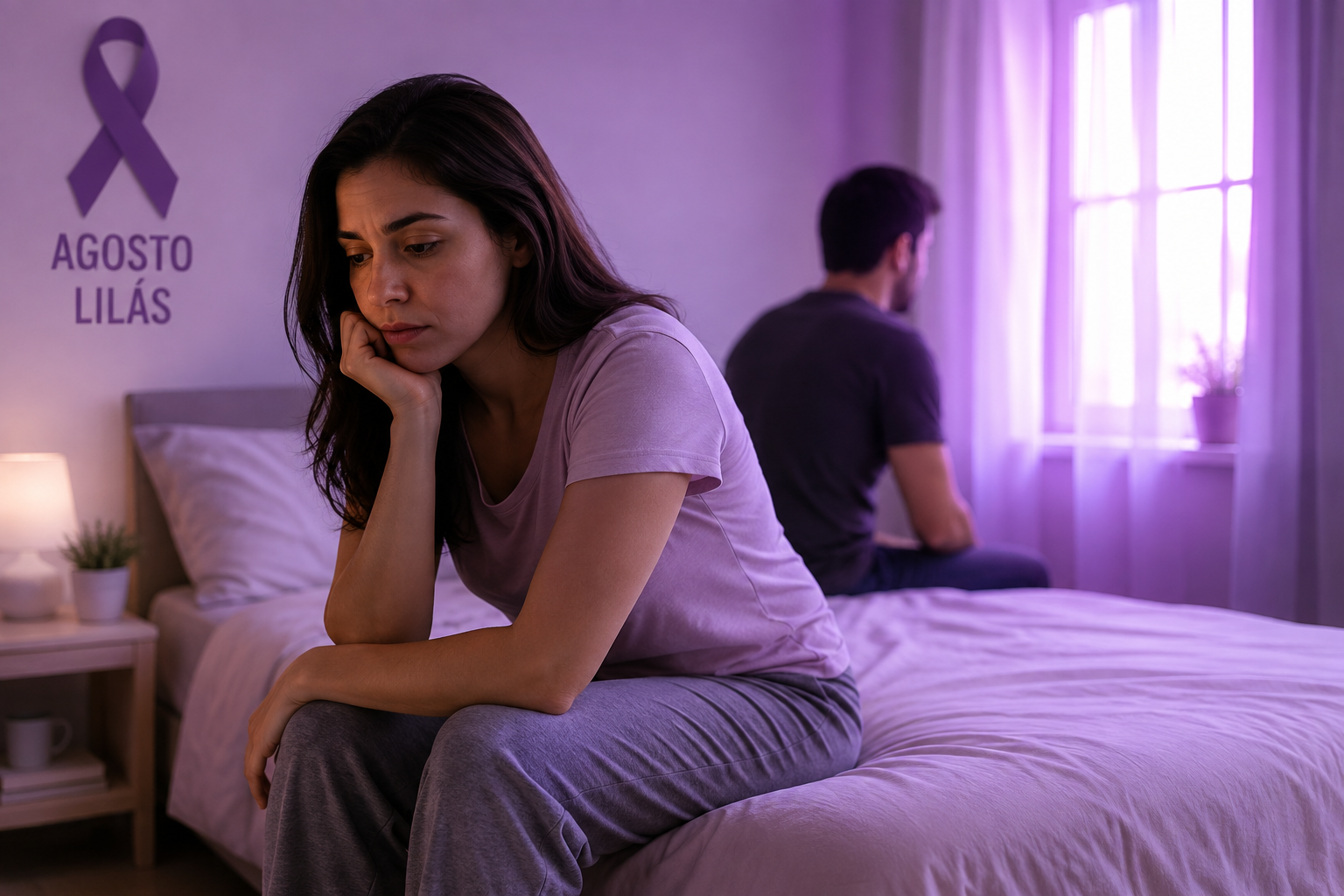 casal de costas um para o outro, mulher de frente para a camera com a mãono queixo pensativa. o companheiro olhando para a janela de costas para a camera. ambos em um quarto com iluminação lilas e o simbolo da campanha agosto lilás em uma das paredes do quarto.