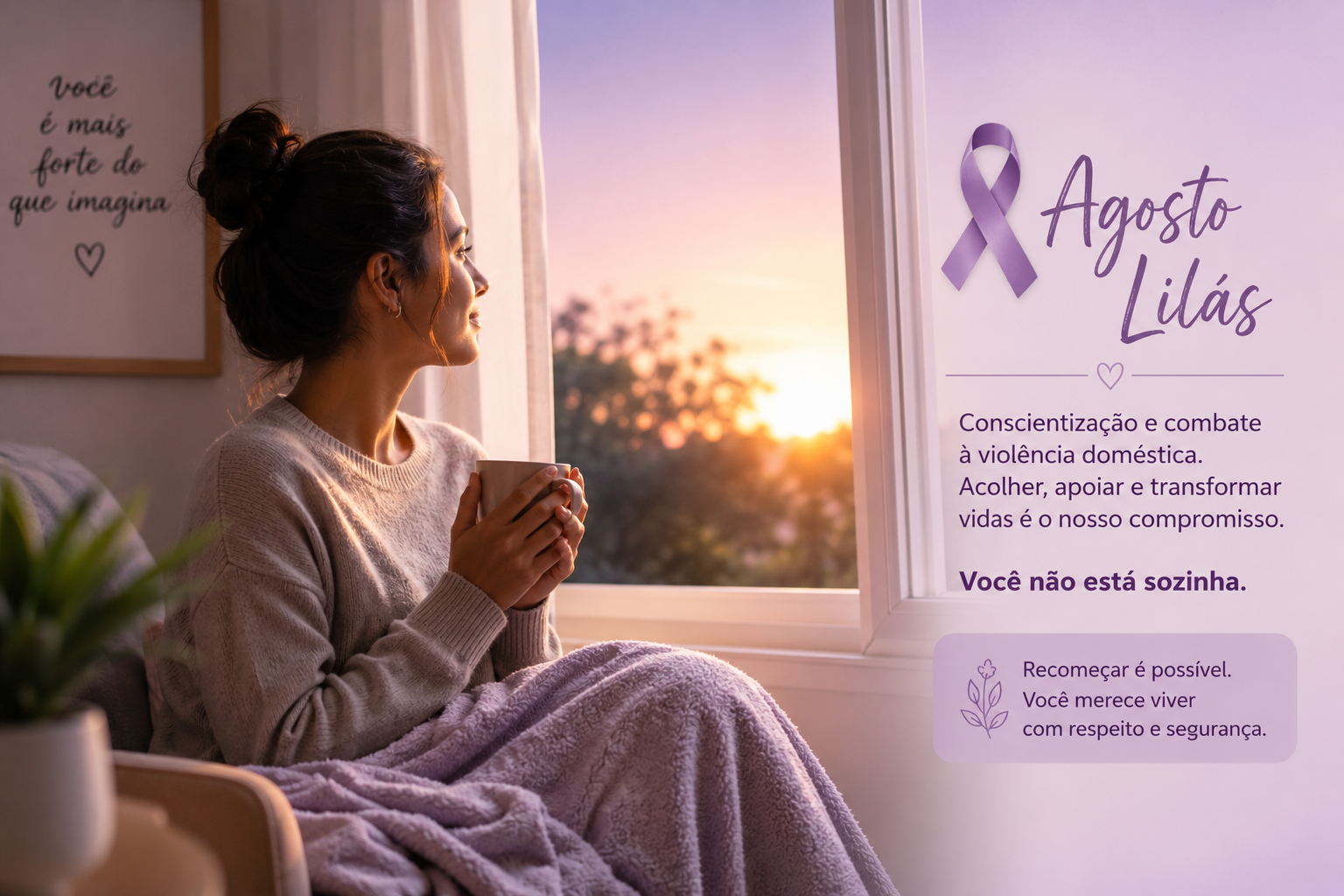Mulher olhando pela janela de dentro de uma casa com decoração rosa e vendo o sol do lado de fora meio cenário que fica tarde. Ela está segurando uma xícara e faz cara de esperançosa. Na parede existe um cartaz lembrando a importância de uma cultura de paz, no agosto lilás.