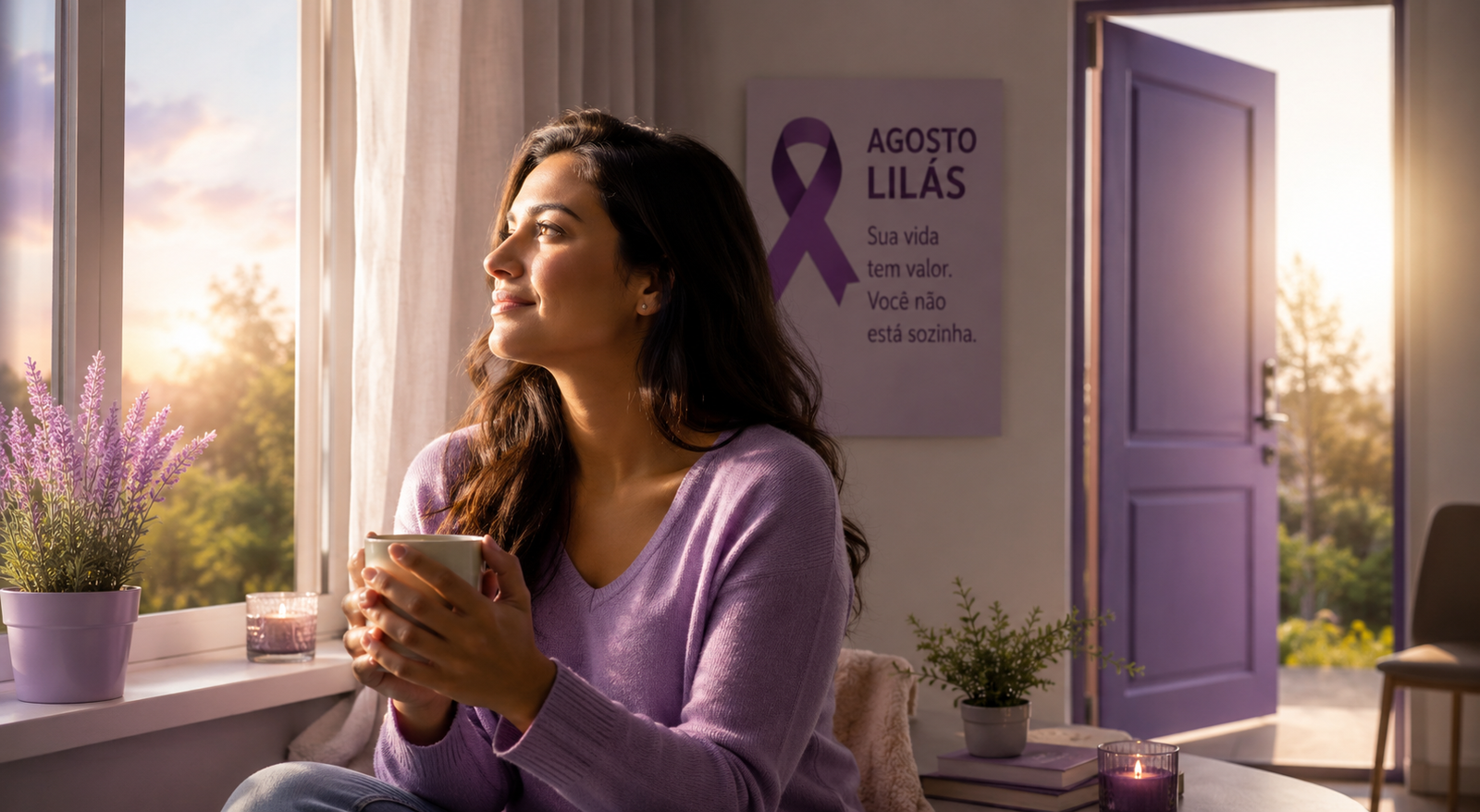 Mulher sorrindo olhando pela janela e vestida de lilás, atrás dela um cartaz falando da campanha.