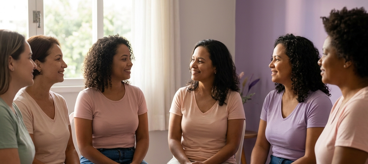 mulheres da periferia conversando em uma sala talqual a sala de uma associaçao de bairro, as paredes tem tom lilás.